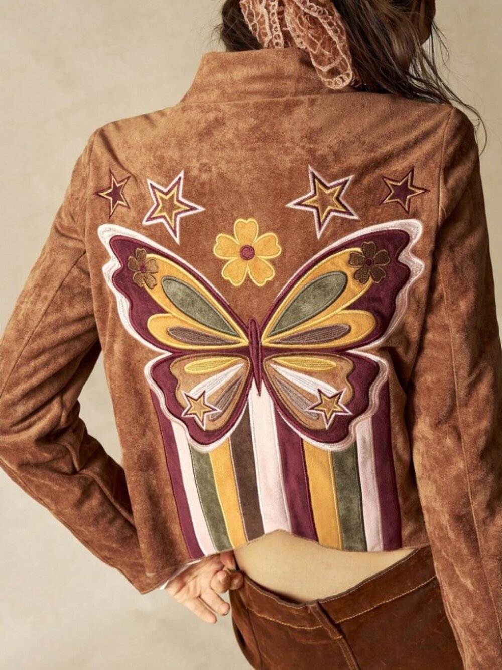 Brown Vegan Suede Butterfly Embroidered Cropped Trucker Jacket - Picture 3 of 8